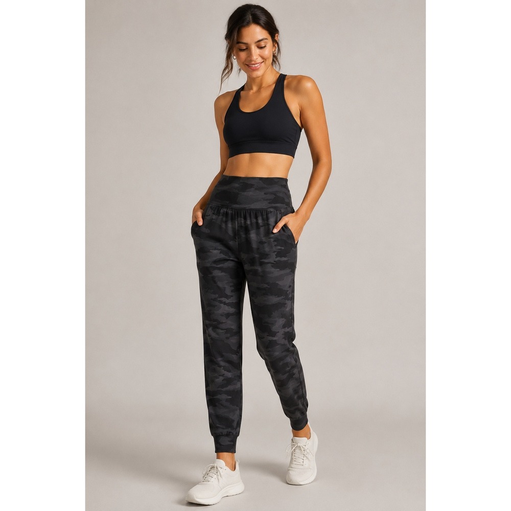 Athleta Salutation Camo Jogger Womens Small Black Grey High Rise Pants 627874-00